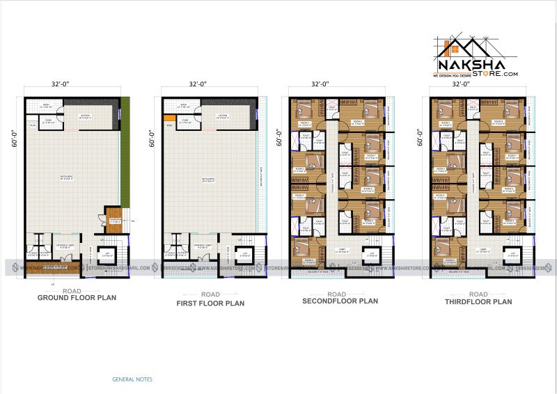 32×60 House Floor Plan – Commercial + Residential Multi-Floor Building Design
